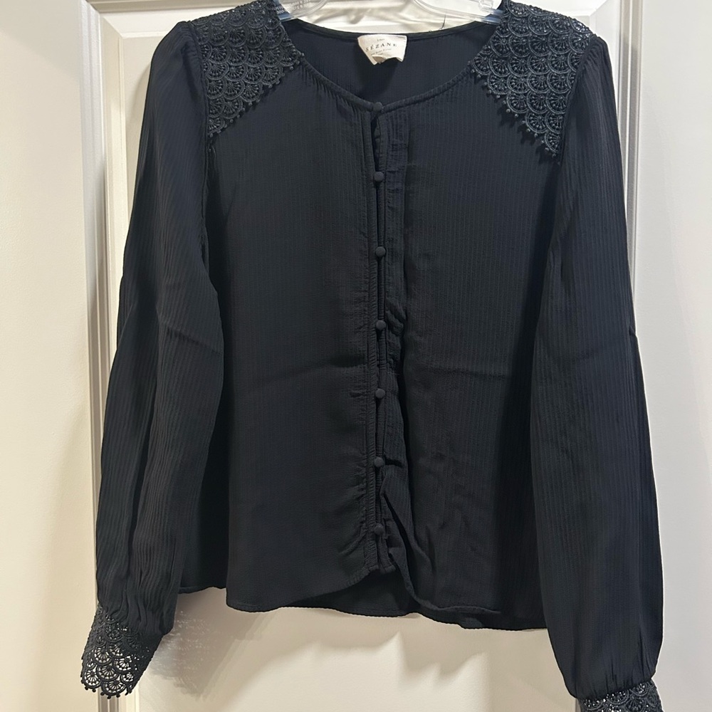 Sezane Black Lace Trim Blouse